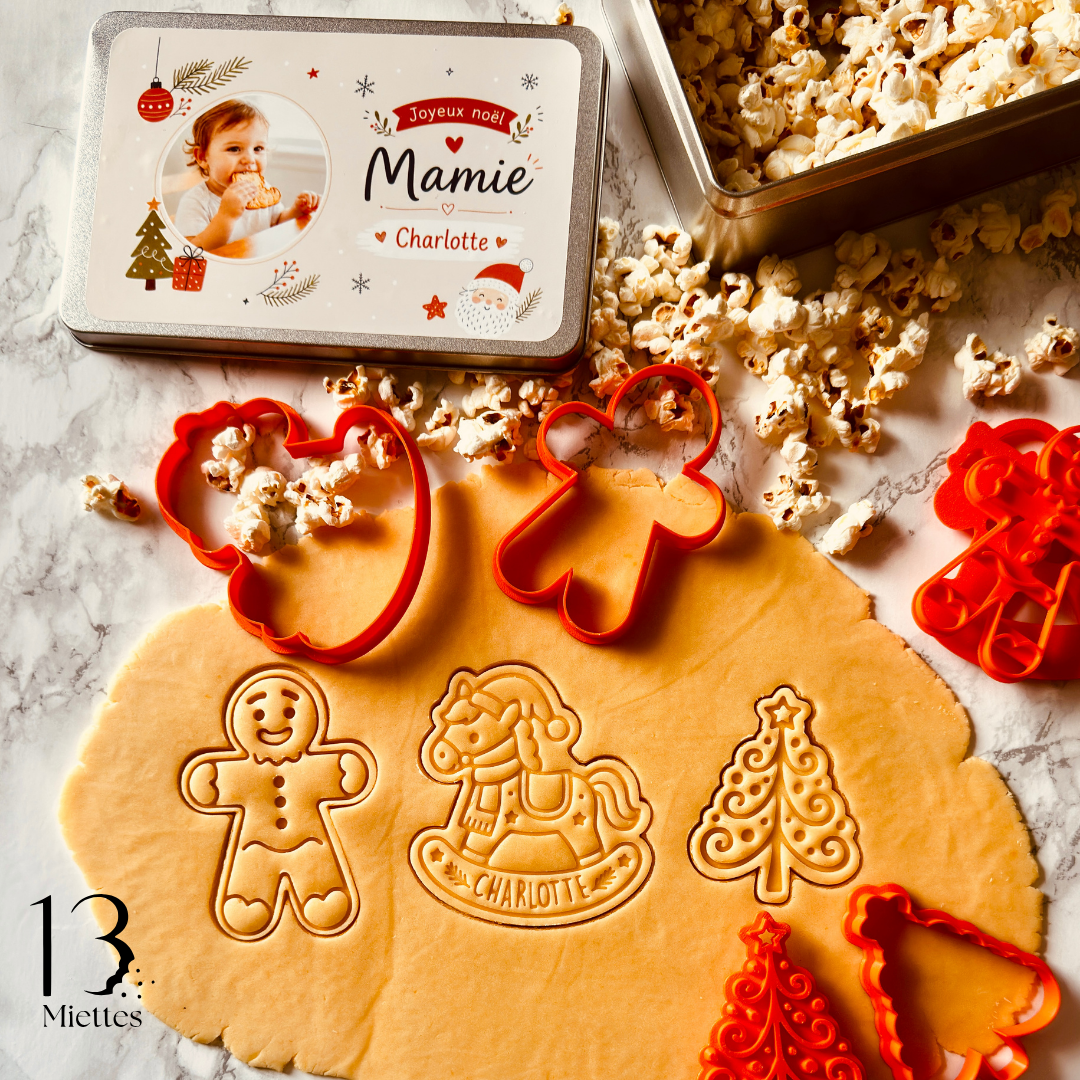 Boîte de Noël personnalisée avec 3 emporte-pièces à biscuits – Kit sablés de Noël avec emporte-pièce personnalisé
