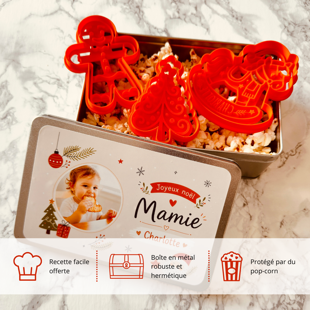 Boîte de Noël personnalisée avec 3 emporte-pièces à biscuits – Kit sablés de Noël avec emporte-pièce personnalisé