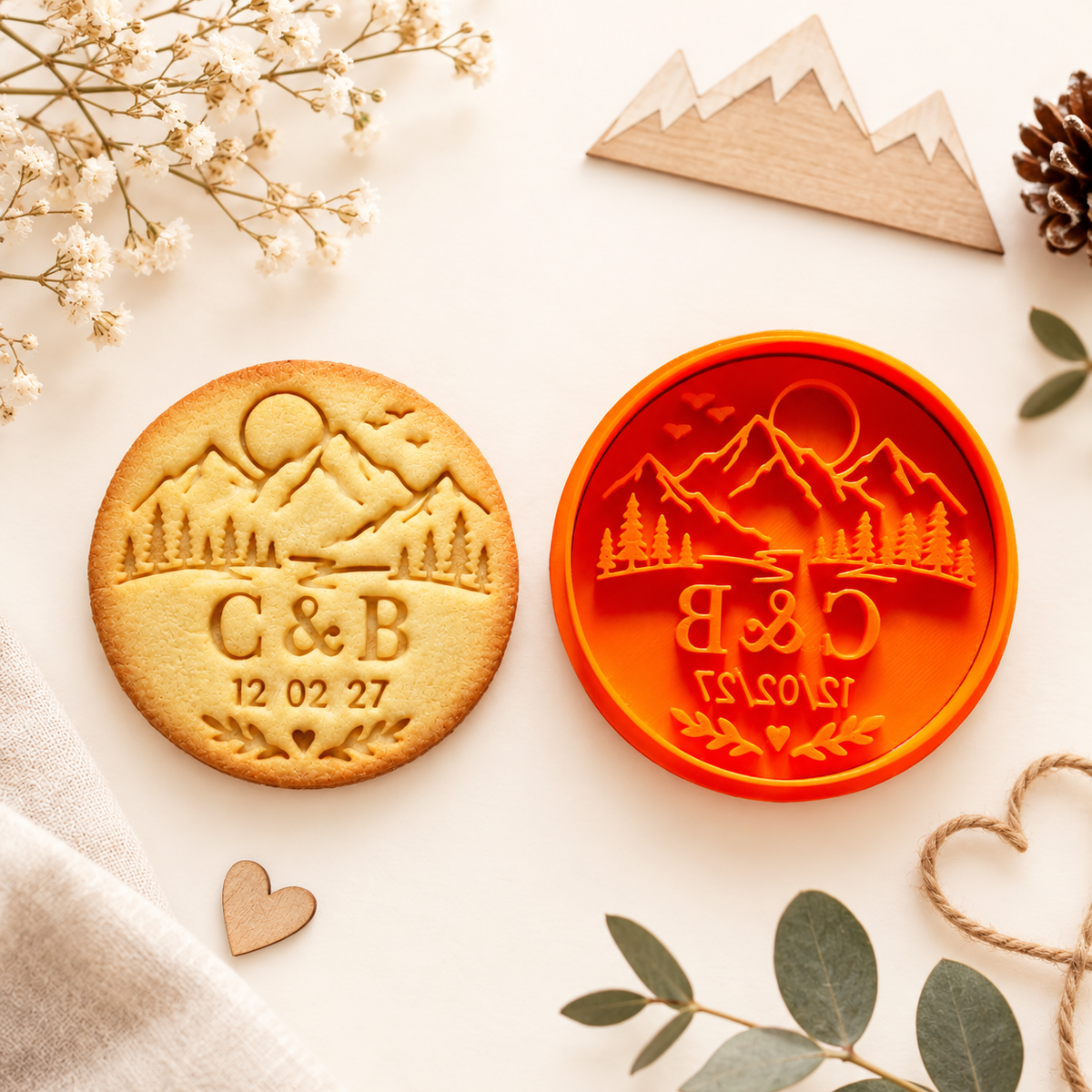 Emporte-pièce mariage montagne personnalisé – Initiales et date