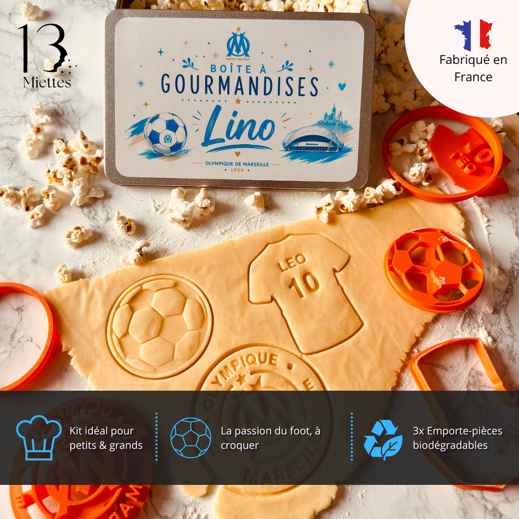 Kit emporte-pièces Olympique de Marseille personnalisé – 3 emporte-pièces dont 1 personnalisé + boîte cadeau OM