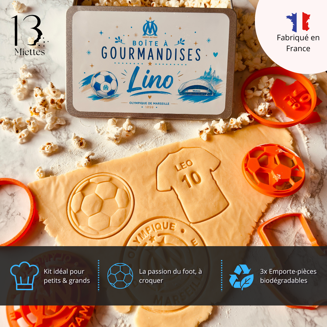Kit emporte-pièces Olympique de Marseille personnalisé – 3 emporte-pièces dont 1 personnalisé + boîte cadeau OM