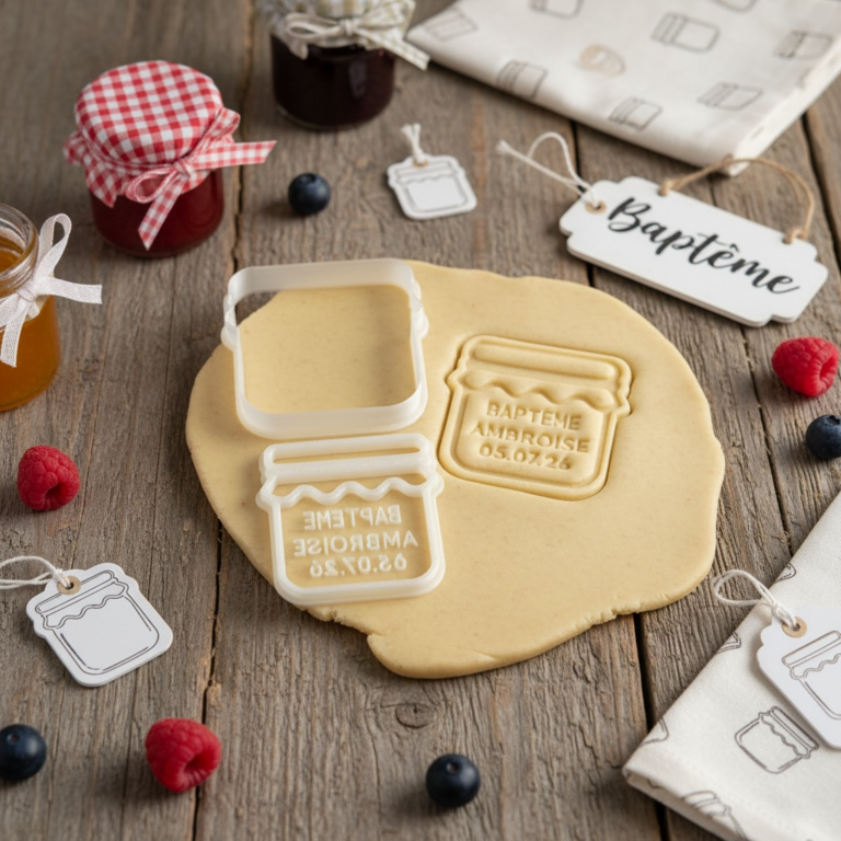 Emporte-pièce personnalisé baptême – Pot de confiture – CADEAUX invités